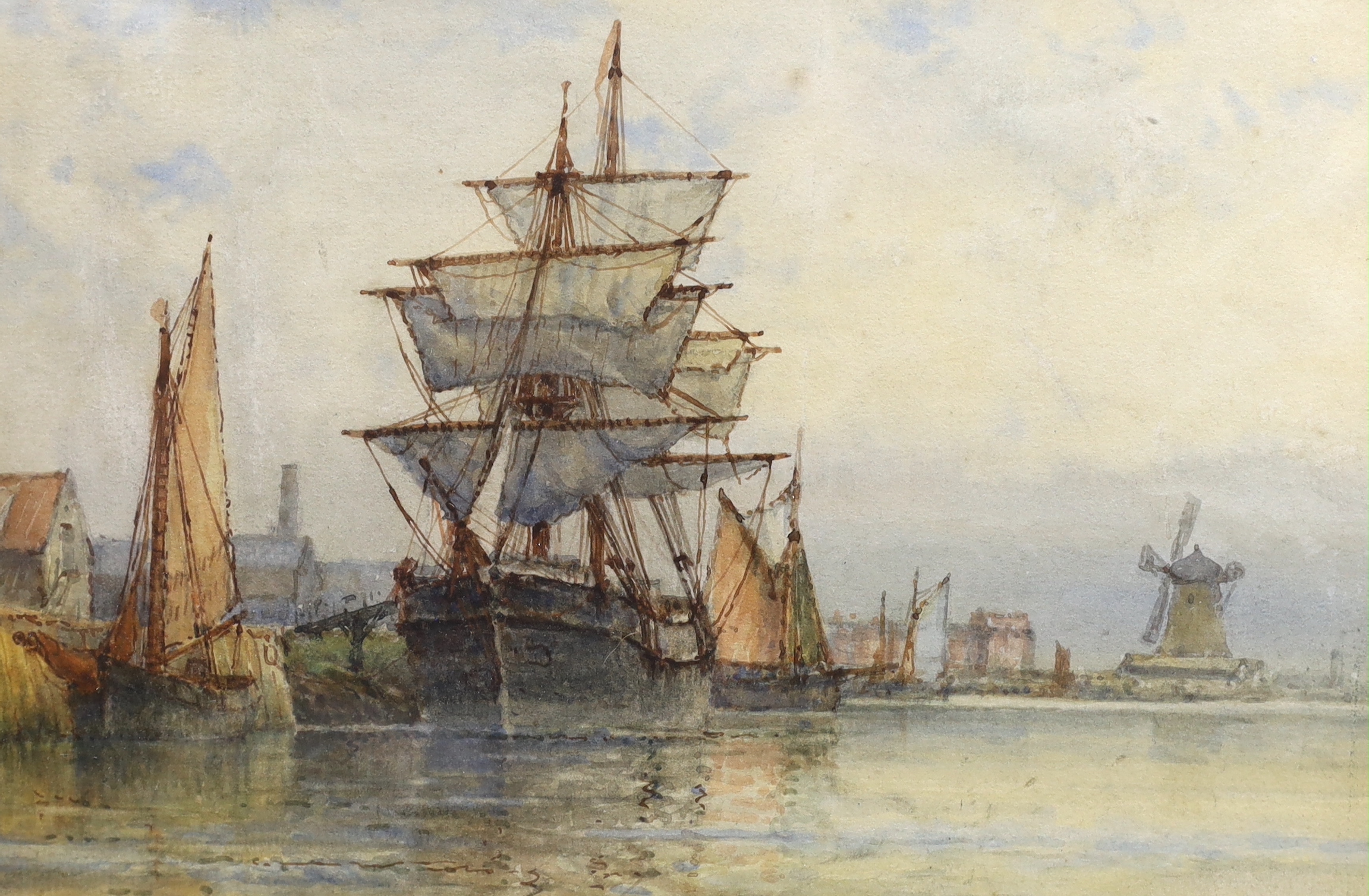 Albert Ernest Markes (1865-1901), watercolour, 'Training ship on the Thames', signed, together with Frederick James Aldridge (1850-1933), watercolour, 'Littlehampton', largest 17 x 27cm